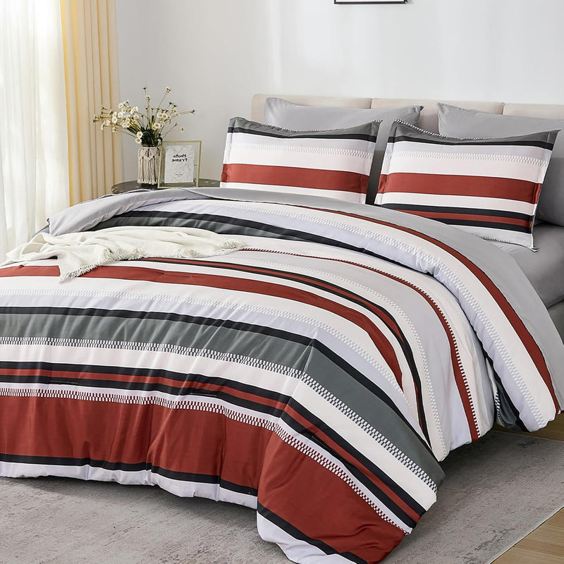 WONGS BEDDING Queen Comforter Set, 7 Pieces Blue Comforter Set Queen, Soft Striped Bed in a Bag Bedding Set with Comforter, Flat Sheet, Fitted Sheet, Pillow Shams, Pillowcase