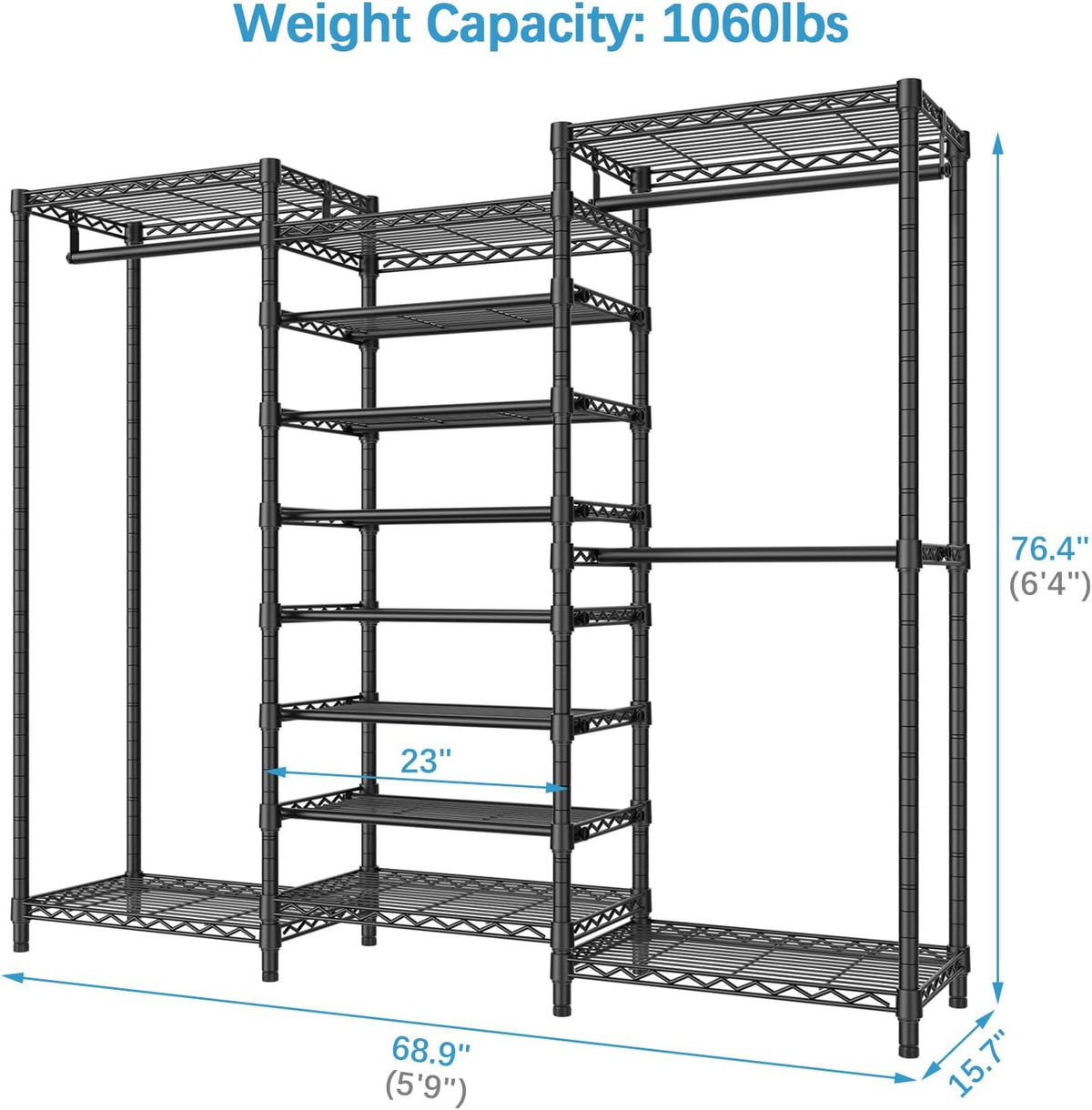 VIPEK S3 Heavy Duty Garment Rack Freestanding Clothes Rack Closet Storage Organizer Large Wardrobe with 6-Tier Shoe Rack, Hanging Rod, Adjustable Shelf, 68.9" L x 15.7" W x 76.4" H, Black