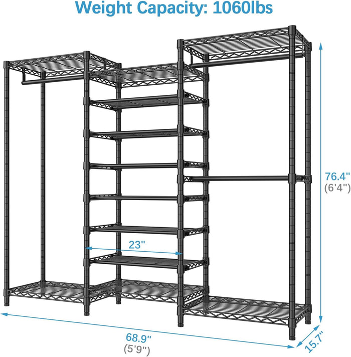 VIPEK S3 Heavy Duty Garment Rack Freestanding Clothes Rack Closet Storage Organizer Large Wardrobe with 6-Tier Shoe Rack, Hanging Rod, Adjustable Shelf, 68.9" L x 15.7" W x 76.4" H, Black