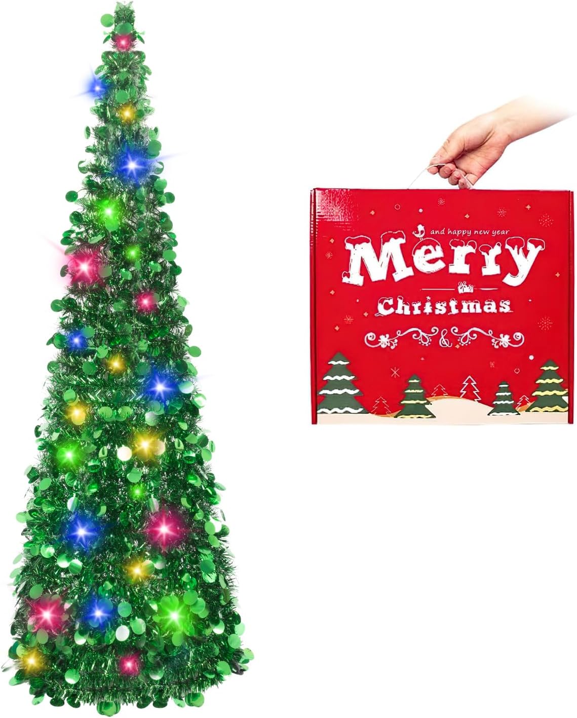 MACTING Christmas Pop up Tree with 50 LED Lights Timer 5FT Silver Collapsible Tinsel Pencil Tree Easy-Assembly Coastal Glitter Artificial Tree for Porch Apartment Corner Home Party Xmas Decorations