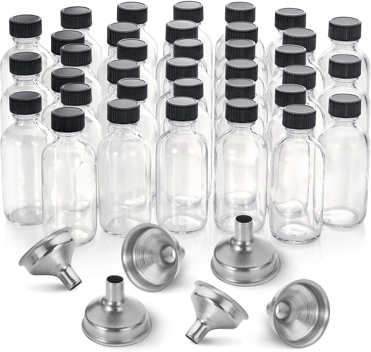 12 Pack, 2 oz Small Clear Glass Bottles w/Lid & 3 Funnels - 60ml Boston Shot Bottles for Health, Immunity, Potion, Wellness, Sample, Ginger, Juice - Mini Personal Care & Beauty Travel Bottle