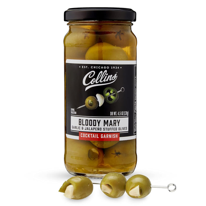 Collins Gourmet Blue Cheese Olives, Premium Stuffed-Cheese Garnish for Cocktails, Martinis, Bloody Marys, Snack Trays, Charcuterie, and Salads, Condiment Olives, 4.5 Oz