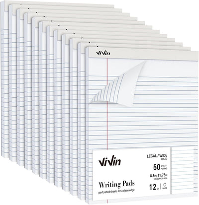 ViVin 5 x 8 Inch Legal Pads, 12 Pack, Narrow Ruled, 50 Sheets Per Writing Pad, Perforated Note Pads Ideal for Home, Office, Business, 600 Sheets, White Paper