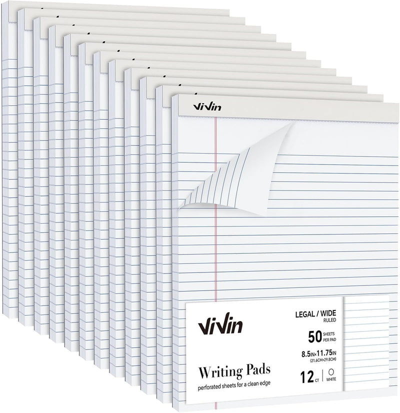 ViVin 5 x 8 Inch Legal Pads, 12 Pack, Narrow Ruled, 50 Sheets Per Writing Pad, Perforated Note Pads Ideal for Home, Office, Business, 600 Sheets, White Paper