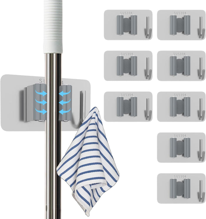 Stainless Steel Mop Holder Wall Mount – 4 Pack Heavy-Duty Broom Organizer with Strong Grip, Adhesive or Nail-Free Glue Installation for Bathroom, Kitchen, Garage