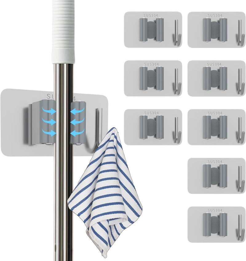 Stainless Steel Mop Holder Wall Mount – 4 Pack Heavy-Duty Broom Organizer with Strong Grip, Adhesive or Nail-Free Glue Installation for Bathroom, Kitchen, Garage