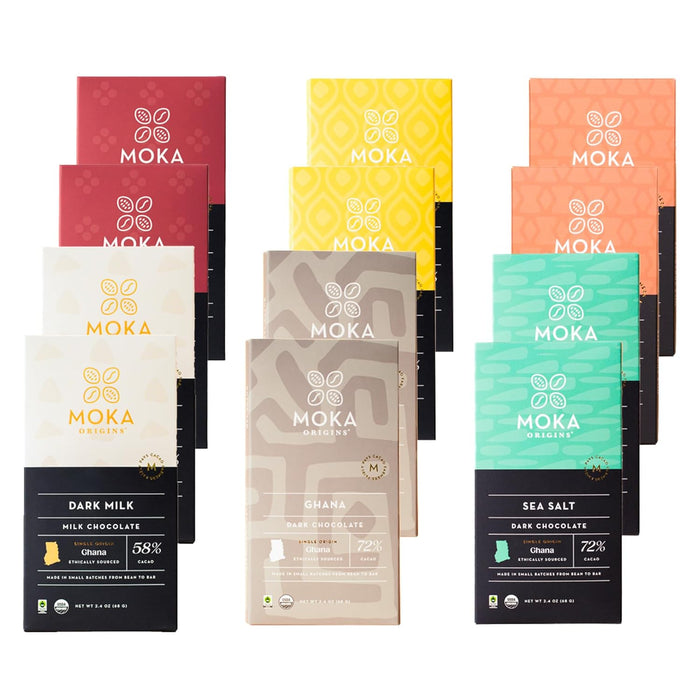 Moka Origins Organic Chocolate Bar Pack – Bean-to-Bar, Direct & Fair Trade, Small-Batch, Ethically Sourced, Gourmet, Artisan Craft Chocolate (6-Pack, Quinoa Crunch)