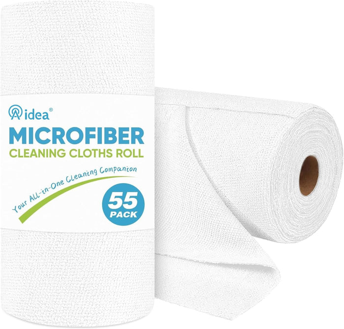 AIDEA Microfiber Cleaning Cloth Roll, Blue Shop Towels 55 Sheets Washable, Microfiber Towels for Cars, Blue Rags Reusable Paper Towel for Automotive, Workshop, House, Kitchen, Cleaning Supplies11×9"