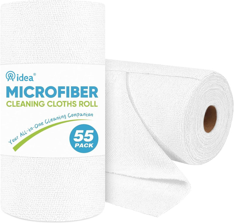 AIDEA Microfiber Cleaning Cloth Roll, Blue Shop Towels 55 Sheets Washable, Microfiber Towels for Cars, Blue Rags Reusable Paper Towel for Automotive, Workshop, House, Kitchen, Cleaning Supplies11×9"