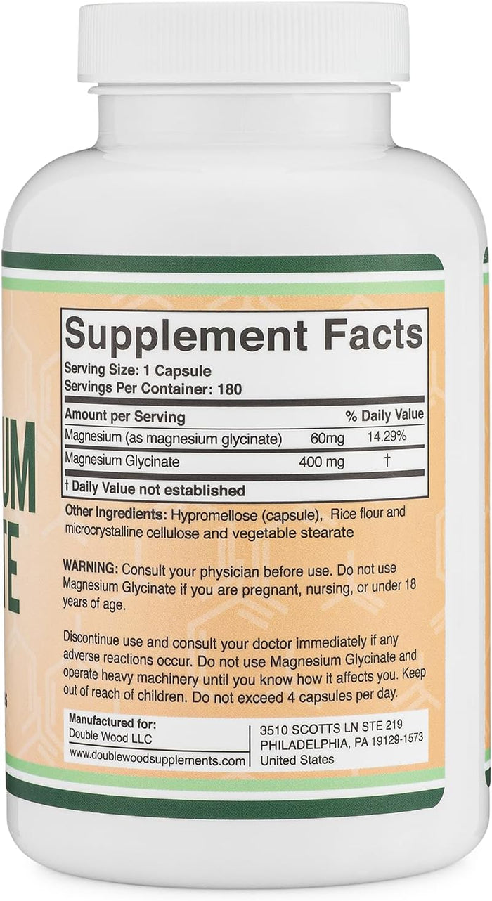 Magnesium Glycinate 400mg, 180 Capsules - for Sleep, Muscle, & Heart Support - (Vegan, Third Party Tested, Gluten Free, Non-GMO) by Double Wood Supplements