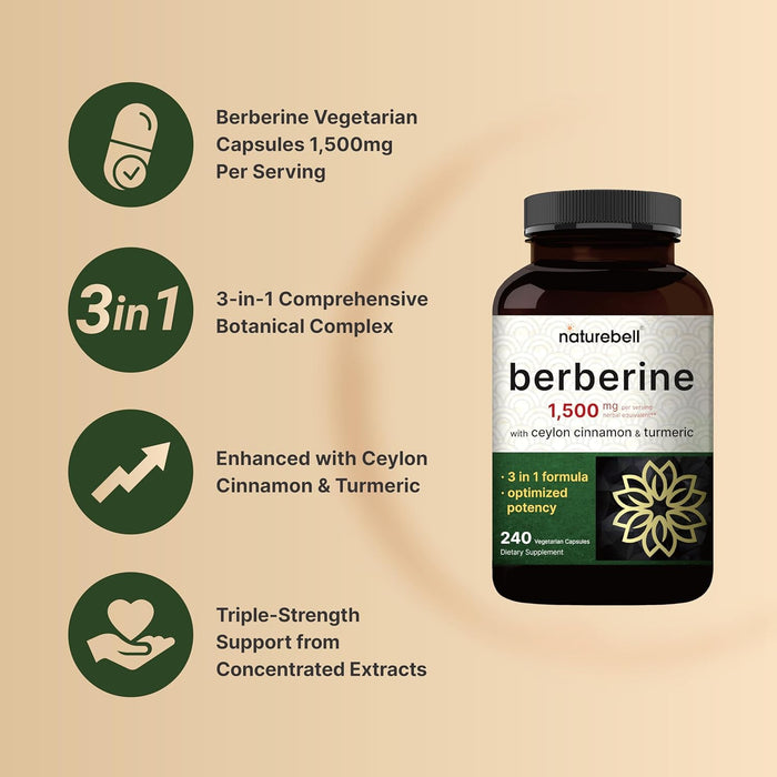 Berberine Supplement 1500mg with 1000mg Ceylon Cinnamon & 300mg Turmeric, 240 Veggie Capsules | 97% Pure Berberine HCL | Supports Balanced Sugar Levels & Heart Health | Vegan, Non-GMO