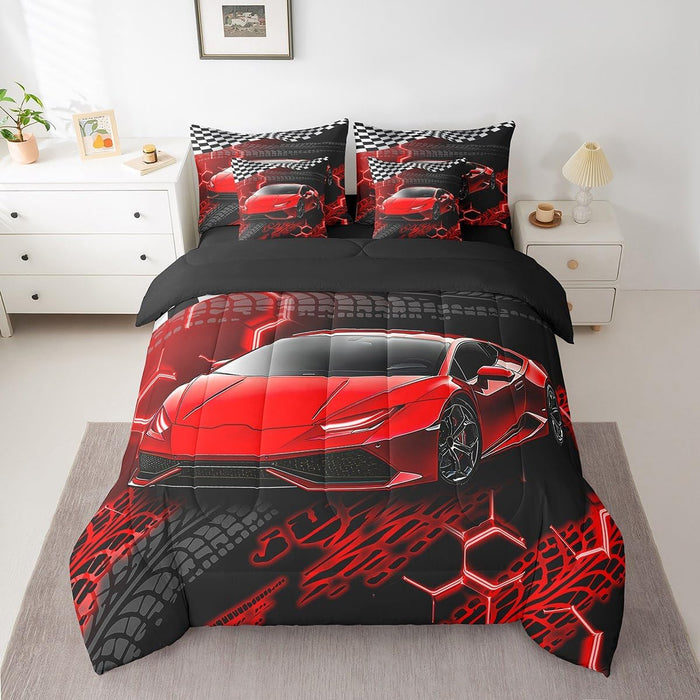 Feelyou Blue Race Car Bed Set for Kids Boys Girls Full Size Extreme Sports 7 Pieces Beeding Set Teen Adult Ultra Soft Speed Sports Car Bed in a Bag with Comforter, Sheets, Pillowcases Cool Car