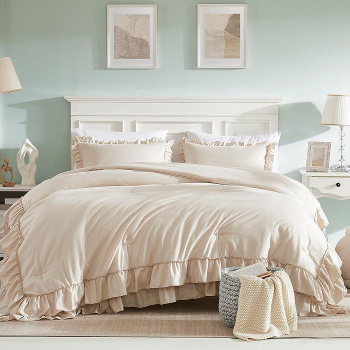Cupocupa Beige Queen Comforter Set, 3Pcs Comforters Ruffle Farmhouse Bedding Sets Queen with Comforter, Lightweight Soft Shabby Chic Bedding Comforter Set Fluffy for All Season