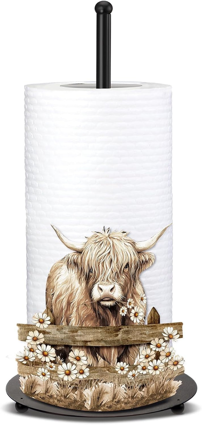 Shimeyao Highland Cow Metal Paper Towel Holder Farmhouse Highland Cow Kitchen Decor Accessories Large Metal Towel Holder Stand for Kitchen Bathroom Home (Stylish)
