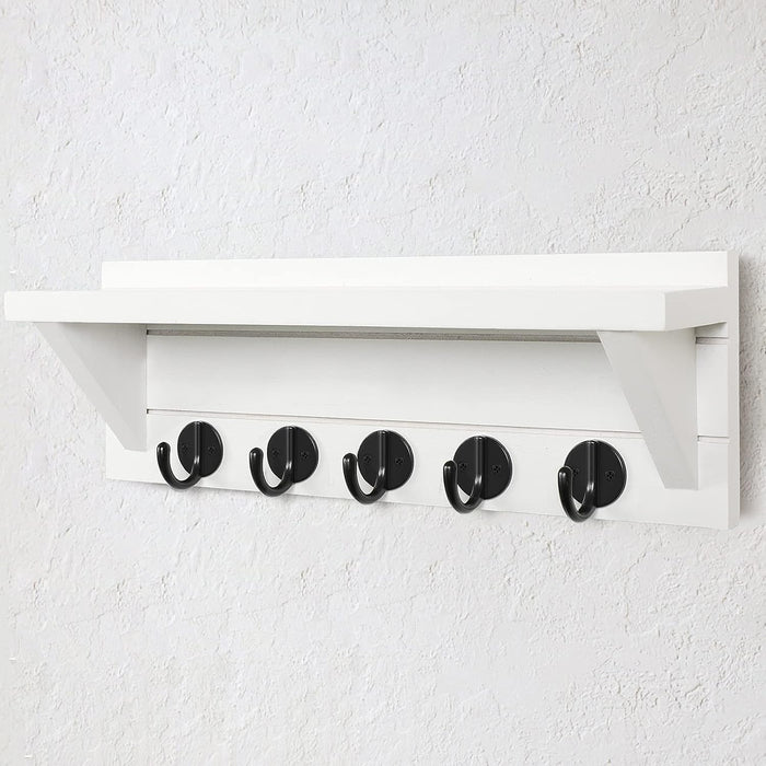 Wall Key Holder, Rustic Shelf with Hooks Made of Paulownia Wood Holds Keys, Dog Leash, Bags and More - 13.7" W x 4.7" H x 3.5" D Decorative Key Hanger and Entryway Shelf