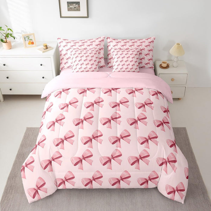 Feelyou Bow Bed Set for Kids Girls Woman Twin Size Bowknot 7 Pieces Beeding Set Ultra Soft Cute Coquette Bow Knot Bed in a Bag with Comforter, Sheets, Pillowcases Bow Pattern Room Decor Bow Decor