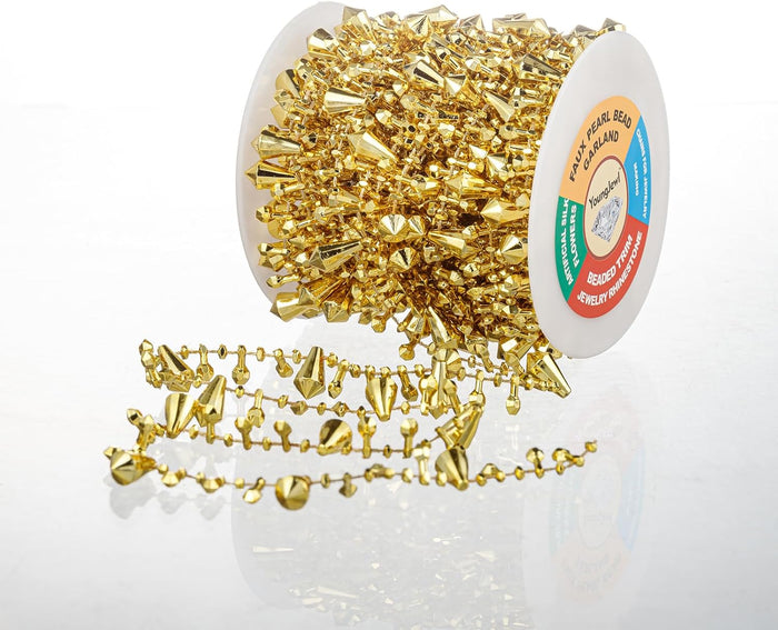 33 Feet Crystal Garland Christmas Clear Iridescent Crystal Bead Rolls and Gold Bead Garland Twist Bead String for Christmas Tree Wedding Party Decoration
