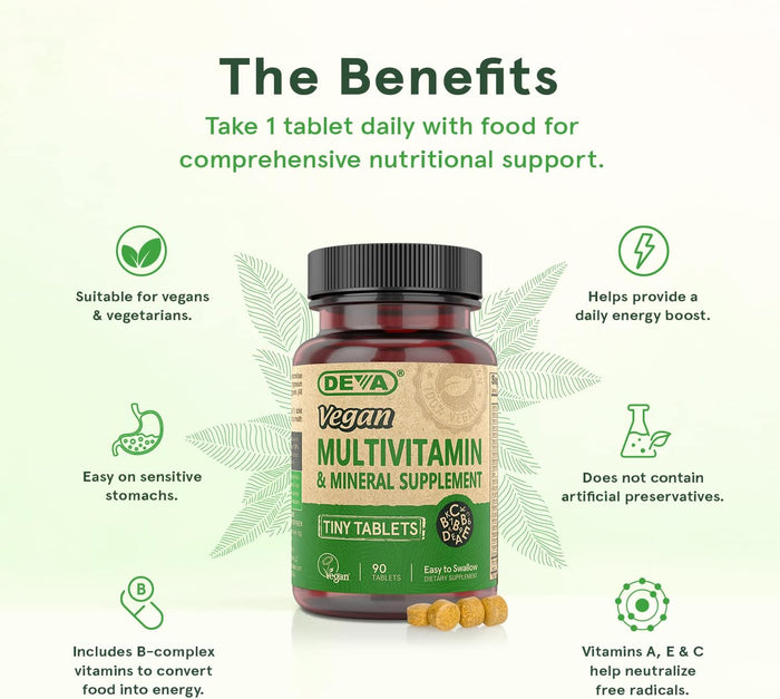 DEVA Tiny Tablets Vegan Multivitamin for Women & Men 2-Pack with Iron, Vitamin C, E, B Complex Vitamins, Zinc, 90 Tablets Each