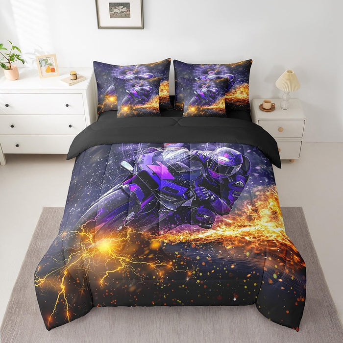 Feelyou Motocross Rider Bed Set for Kids Boys Girls Twin Size Extreme Sports 7 Pieces Beeding Set Ultra Soft Dirt Bike Bed in a Bag with Comforter, Sheets, Pillowcases Racing Themed Room Decor