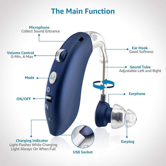 Hearing Aids for Seniors, Rechargeable Hearing Amplifier with Noise Cancelling, Digital Ear Hearing Assist Devices with Volume Control (Blue)