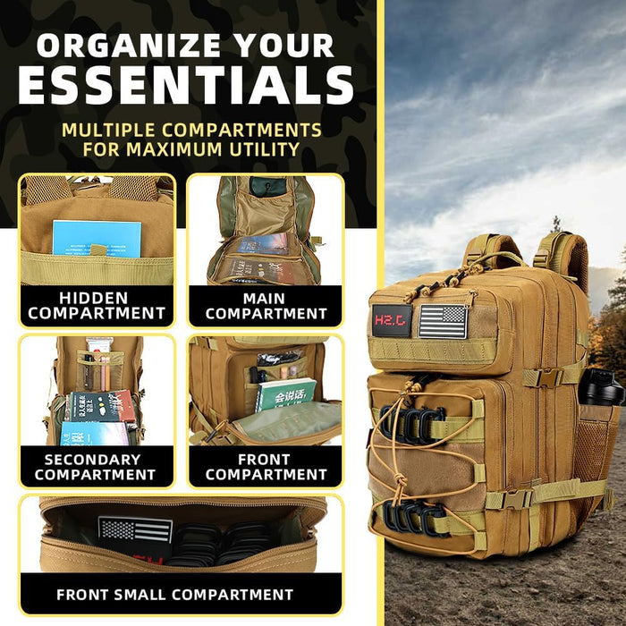 J.SH Military Tactical Backpack for Men 45L Large Capacity Backpack MOLLE 3 Days Assault Pack Bag Waterproof Durable Army Hiking - Khaki