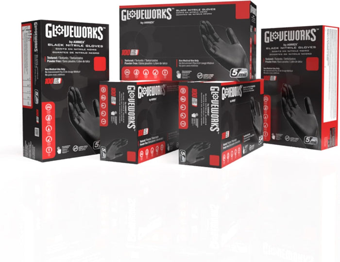 GLOVEWORKS Black Nitrile Gloves Disposable Latex Free, 5 Mil Industrial, For Mechanic, Cleaning, Cooking, Kitchen, Food Grade