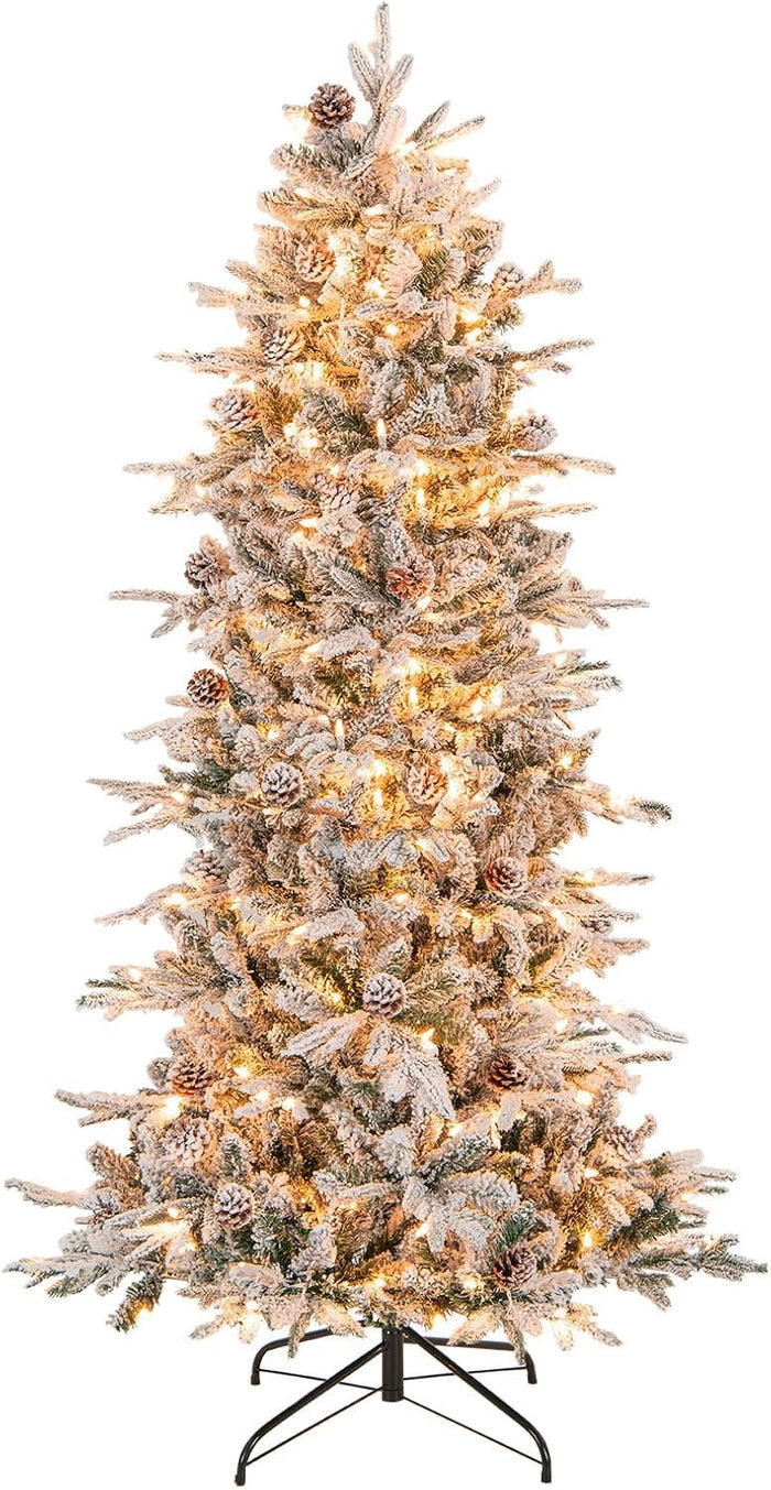 Goplus 7.5 FT Pre-Lit Artificial Christmas Tree, Snow Flocked Hinged Xmas Tree with 470 Warm-White LED Lights, 1135 Tips, 81 Pine Cones, Lighted Xmas Tree for Office Home Decoration