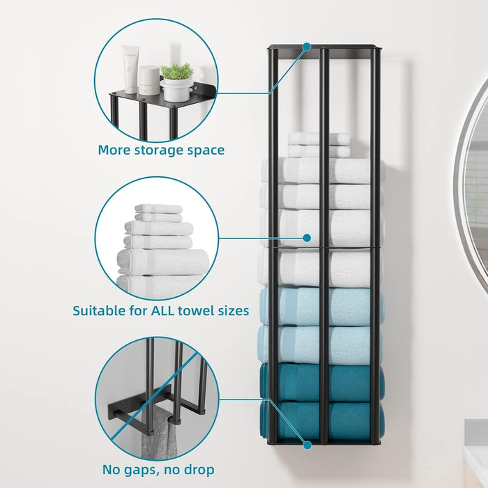 Towel Racks for Bathroom 31 Inch - Wall Mounted, Solid 2 Metal Shelves and 3 Vertical Bars, Can Holds 6 Large Rolled Bath Towels - for Modern Decor Bathroom Towel Storage (Matte Black)