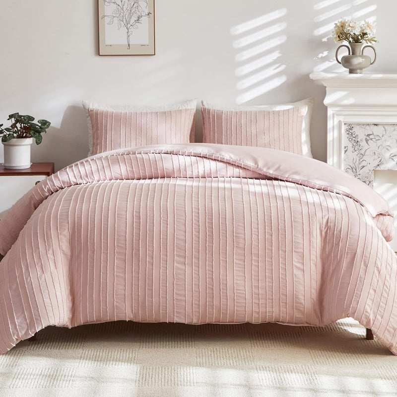 WARMDERN White Boho Duvet Cover Set Queen Size, Striped Textured Tufted Bedding Set, 3 Pcs Ultra Soft Washed Microfiber with Zipper Closure (Queen, White)