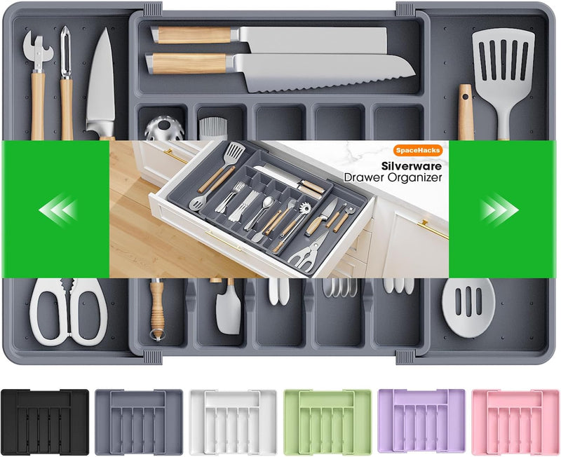 Silverware Organizer，Adjustable & Expandable Utensil Drawer Organizer, BPA Free Utensil Holder, Cutlery Tray for Forks, Spoons, Knives in Kitchen, Medium, Black