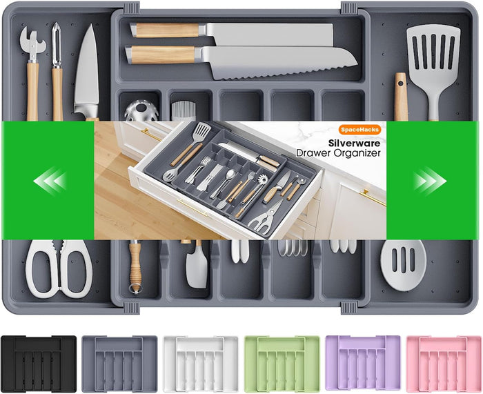 Silverware Organizer，Adjustable & Expandable Utensil Drawer Organizer, BPA Free Utensil Holder, Cutlery Tray for Forks, Spoons, Knives in Kitchen, Medium, Black