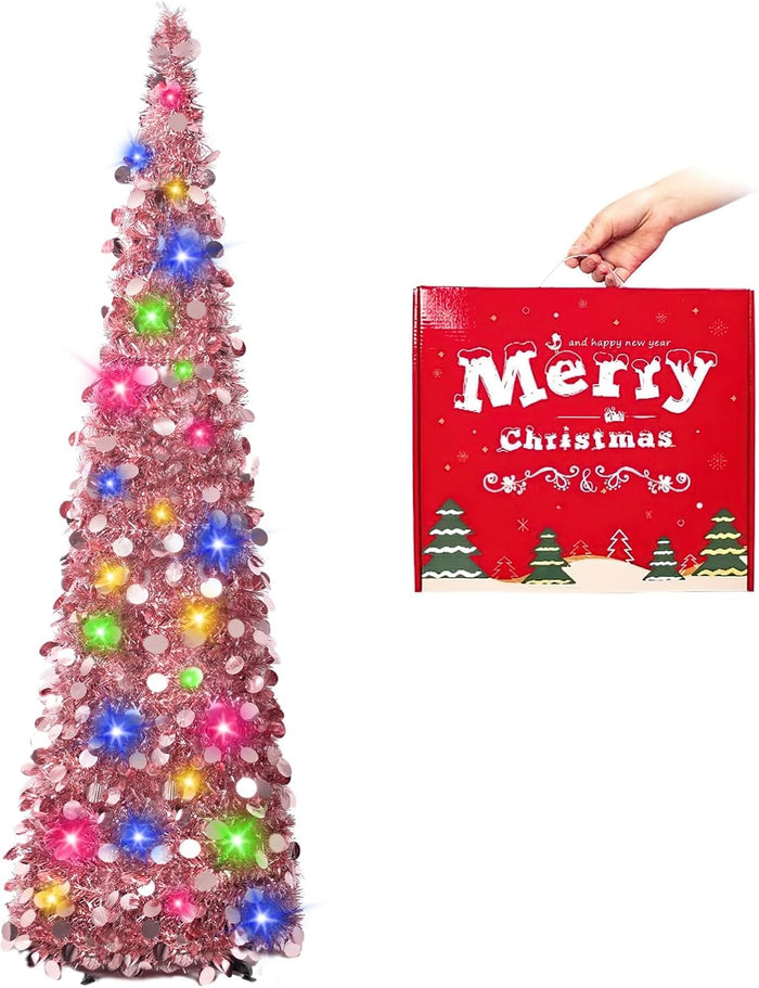 MACTING Christmas Pop up Tree with 50 LED Lights Timer 5FT Silver Collapsible Tinsel Pencil Tree Easy-Assembly Coastal Glitter Artificial Tree for Porch Apartment Corner Home Party Xmas Decorations