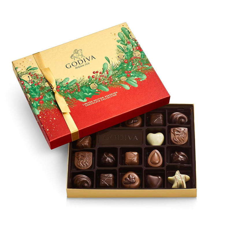 Godiva Red Bow Gold Milk Chocolate Gift Box, Belgian Milk Chocolates with Ganaches, Pralinés & Caramels, Gourmet Holiday Gift, Non-GMO & Kosher, 15 Pc