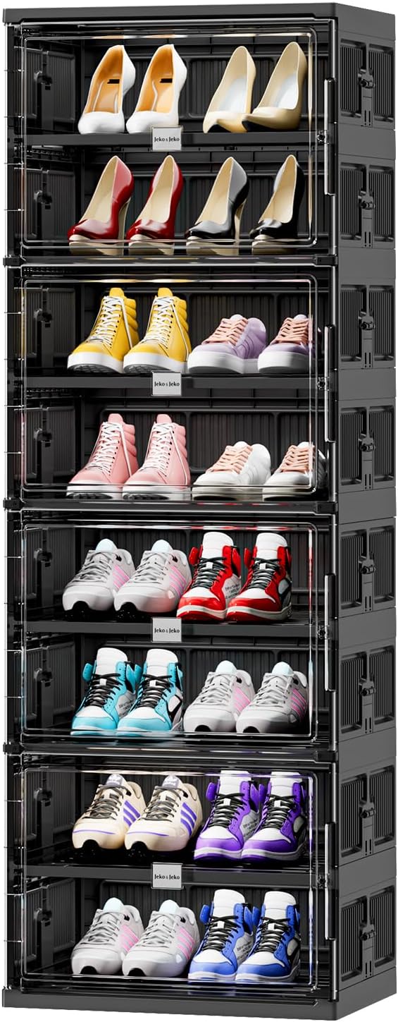 JEKO&JEKO 8 Tiers Foldable Shoe Rack Organizer Cabinet for Closet Entryway, Large Collapsible Shoe Storage Box with Magnetic Doors (Black)