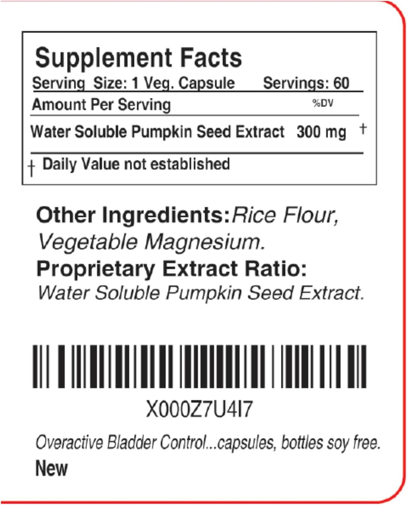 Overactive Bladder Control for Women and Men Support, Frequent Urination, Nocturia or Incontinence, 60 Vegetarian Capsules, 1 Bottle, Soy Free Pumpkin Seed Extract Supplement