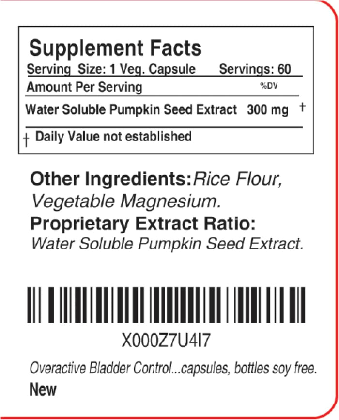 Overactive Bladder Control for Women and Men Support, Frequent Urination, Nocturia or Incontinence, 60 Vegetarian Capsules, 1 Bottle, Soy Free Pumpkin Seed Extract Supplement
