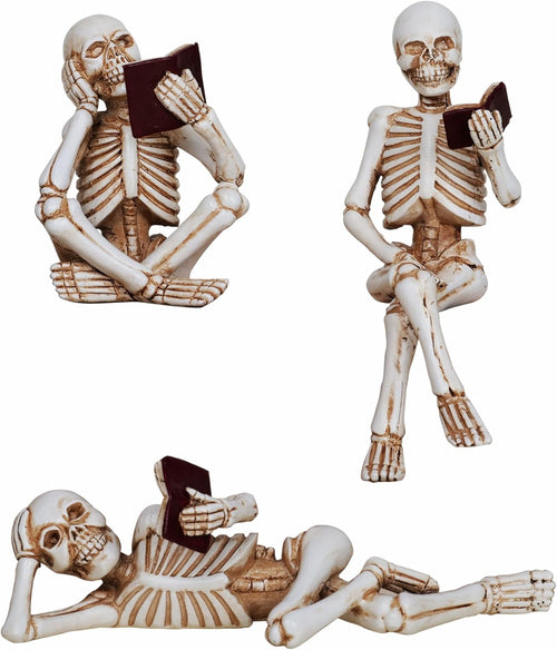 3 Pieces Halloween Skeleton Statue Halloween Skull Figurine Home Decor Reading Skeleton Figurines Decorations for Indoor Fireplace Home Kitchen Desk Office Party