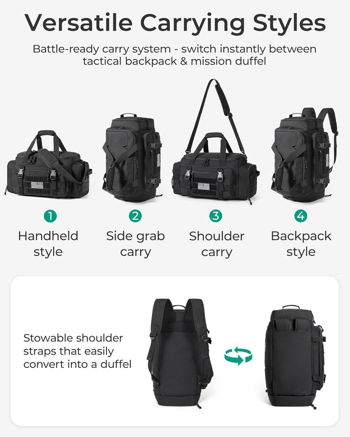 BAGSMART Tactical Gym Bag for Men, 33L Duffle Bag for Travel with Shoe Compartment, 4 in 1 Personal Item Tactical Backpack with 40oz Water Bottle Holder, Desert Khaki