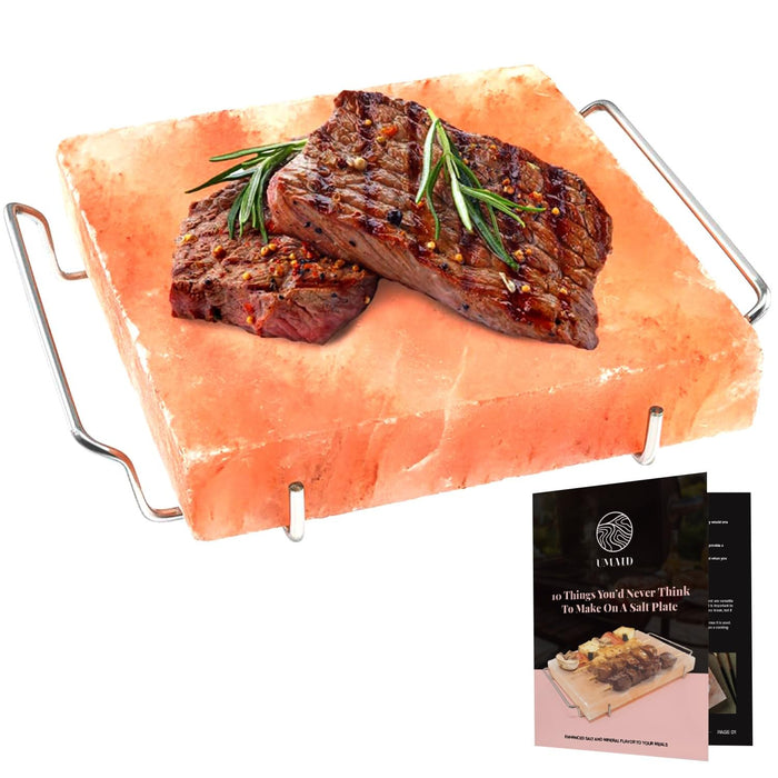 UMAID Himalayan Salt Block For Grilling, Cooking, Cutting and Serving,12X8X1.5 Food Grade Himalayan Pink Salt Stone on Stainless Steel Plate & Recipe Booklet, Unique Gifts for Men, Women, Chef, Cooks