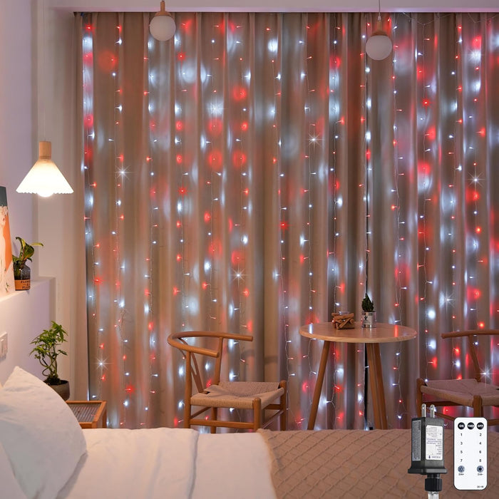 JMEXSUSS 300 LED Remote Control Curtain Lights, Plug in Fairy Curtain Lights Outdoor, Window Wall Hanging String Lights for Bedroom Backdrop Wedding Party Indoor Christmas Patio Dorm Decor, Warm White