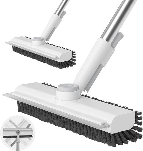 AIR U+ Floor Scrub Brush with Long Handle, 3 in 1 Scrape and Heavy-Duty Stiff Bristle Scrubber Brush for Cleaning Shower Bathroom, Patio, Garage, Kitchen, Wall and Deck