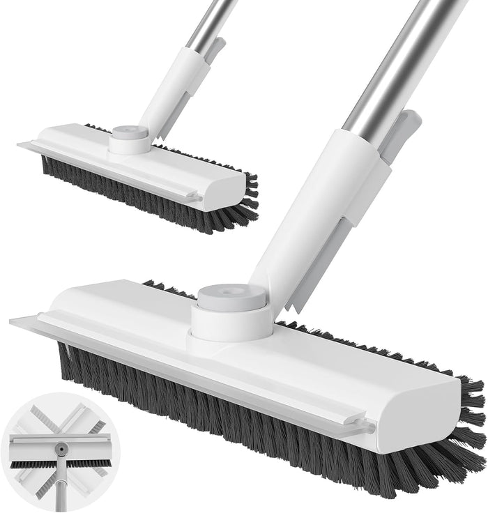 AIR U+ Floor Scrub Brush with Long Handle, 3 in 1 Scrape and Heavy-Duty Stiff Bristle Scrubber Brush for Cleaning Shower Bathroom, Patio, Garage, Kitchen, Wall and Deck