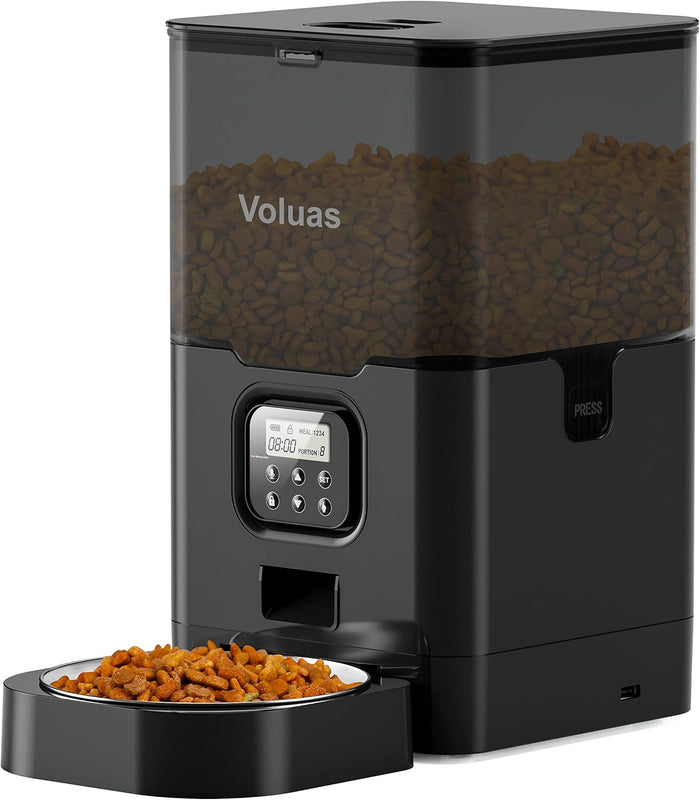 VOLUAS Automatic Cat Feeder – 4L Timed Cat Dry Food Dispenser with Voice Recorder, Dual Power Supply, Programmable Portion Control, Desiccant Bag, Auto Pet Feeder for Cats and Dogs