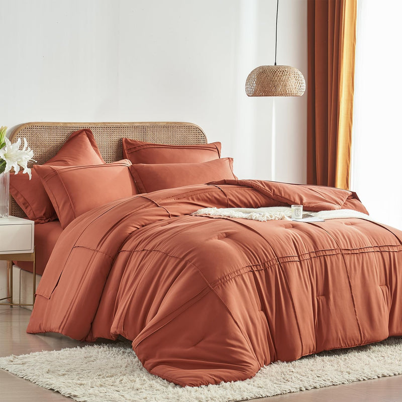 Yogeneg Queen Comforter Set 7 Piece Bed in a Bag,Grid Pinch Pleat Sage Green Bedding Set,Striped Textured Soft Microfiber Comforter with Sheet Set,All Season Complete Bed Set(Sage Green,Queen)