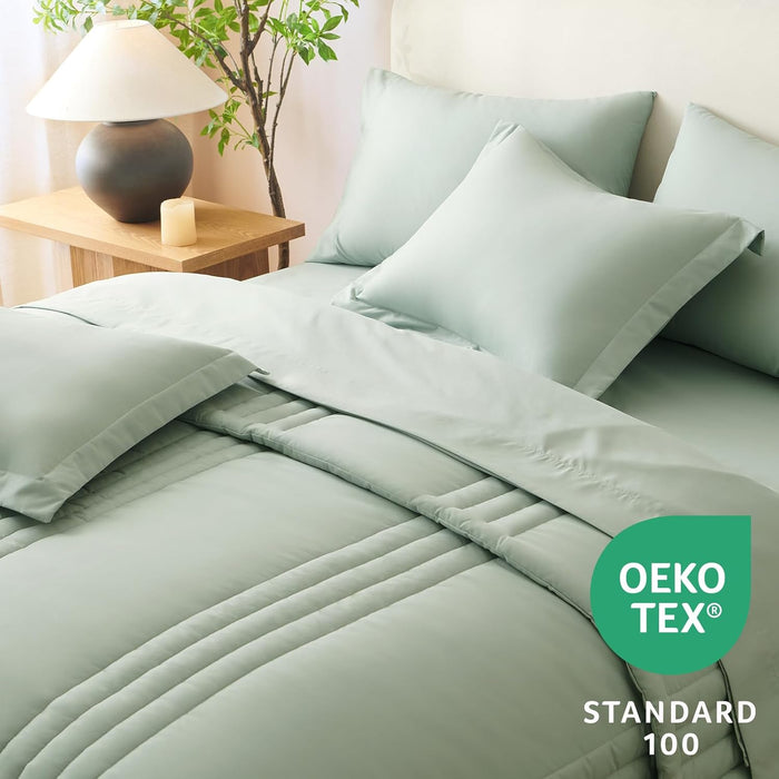 CozyLux Queen Comforter Set - 7 Pieces Bed in a Bag Sage Green Comforters Queen Size Bed Set, Soft Bedding Set with All Seasons Comforter, Sheets, Pillowcases & Shams