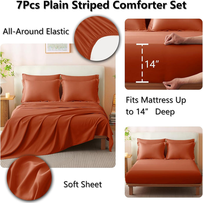 CozyLux Queen Comforter Set - 7 Pieces Bed in a Bag Terracotta Comforters Queen Size Bed Set, Soft Burnt Orange Bedding Set with All Seasons Comforter, Sheets, Pillowcases & Shams
