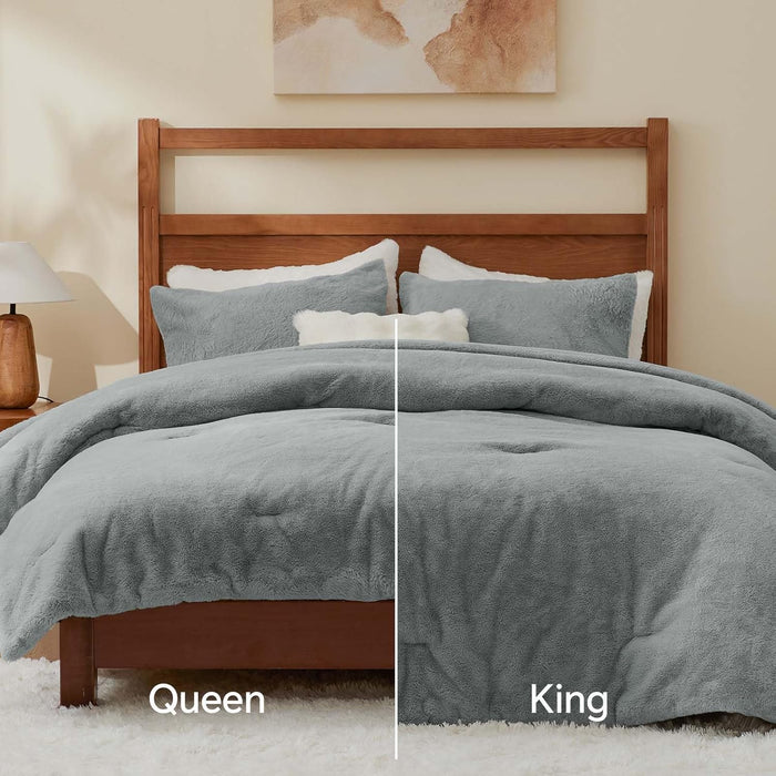 BEDELITE Faux Fur Fleece Queen Comforter Set - Fluffy & Warm Grey Comforter Queen Size，Ultra Soft and Cozy Winter Bedding Set,Fuzzy Thick Bed Set,1 Comforter and 2 Pillowcases