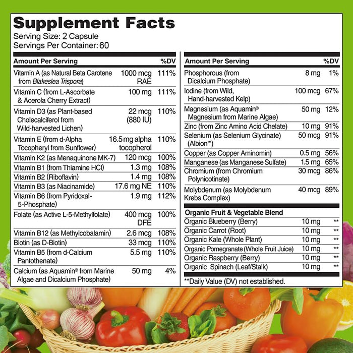 All Natural Multivitamins & Minerals + B Complex + Calcium + Magnesium + Zinc, 100% Vegan Sourced Whole Food Supplement, Complete Nutritional Support for Men & Women- 120 Capsules, 60 Day Supply