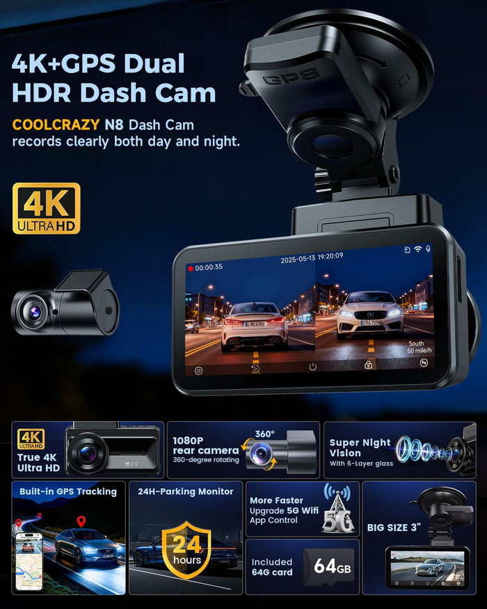 COOLCRAZY Dash Cam Front Rear - 4K+1080P Full HD Dashcam Free 64GB Card, with 5G WiFi GPS, Dual Dash Camera for Cars with 3" IPS Screen, Night Vision, HDR, App Control, 24H Parking Mode, Loop Record