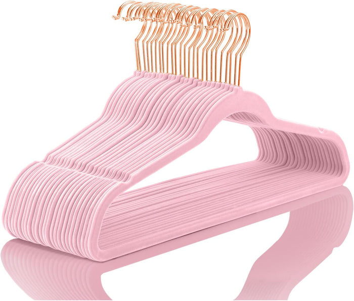 MIZGI Premium Velvet Hangers (50 Pack) Heavy Duty - Non Slip Felt Hangers - Blush Pink - Rose Gold 360 Degree Swivel Hooks,Space Saving Clothes Hanger,Durable Strong Hanger for Suits,Coats,Dress